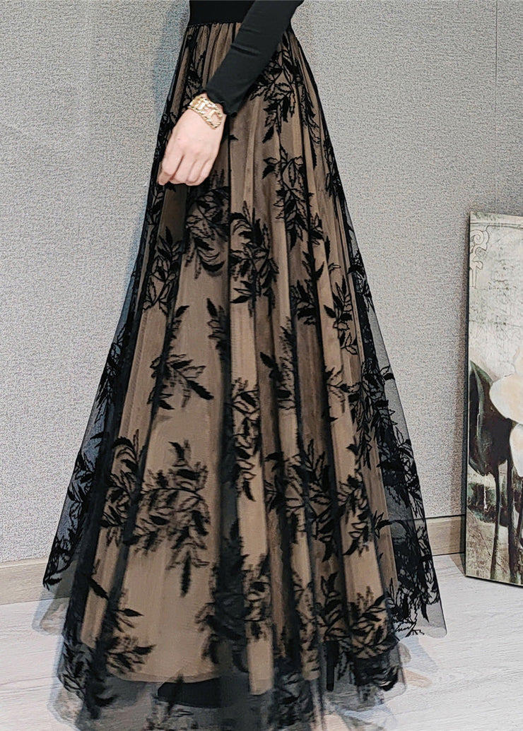 Novelty Chocolate Embroideried Floral High Waist Draping Tulle Maxi Skirt Spring