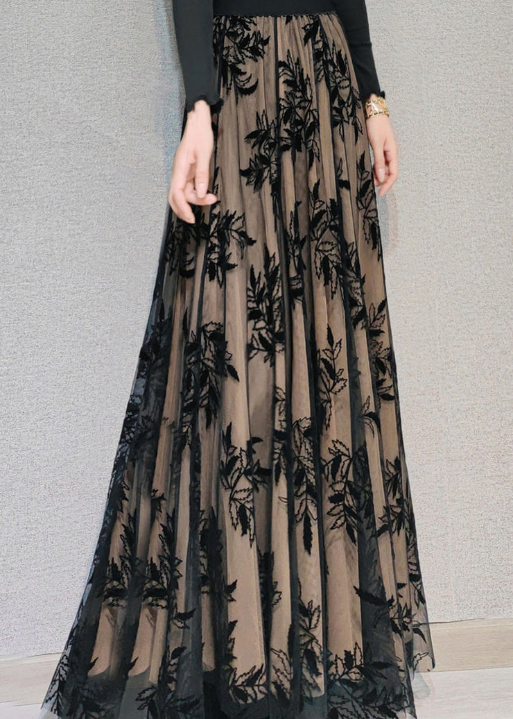 Novelty Chocolate Embroideried Floral High Waist Draping Tulle Maxi Skirt Spring