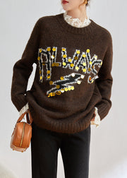 Novelty Coffee Graphic Sequins Thick Cotton Knit Sweaters Winter