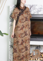 Novelty Coffee Stand Collar Print Button Silk Long Dress Short Sleeve