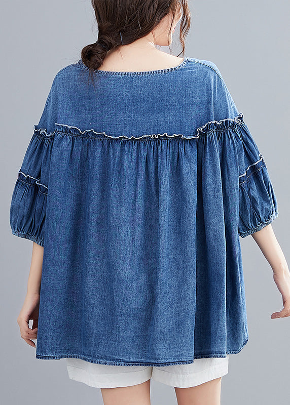 Novelty Denim Blue O-Neck Ruffled Patchwork Silk Cotton Top Half Sleeve