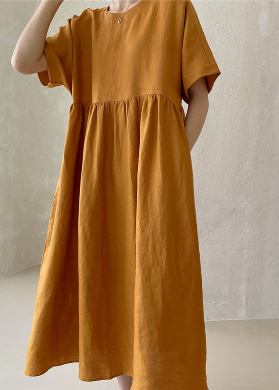 Novelty Ginger O-Neck Wrinkled Button Maxi Dresses Short Sleeve