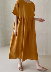 Novelty Ginger O-Neck Wrinkled Button Maxi Dresses Short Sleeve