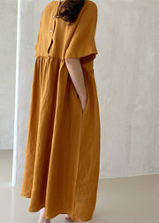 Novelty Ginger O-Neck Wrinkled Button Maxi Dresses Short Sleeve