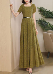 Novelty Ginger Square Collar Print High Waist Sashes Lace Maxi Dress Short Sleeve