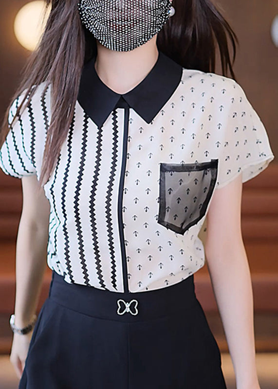 Novelty Graphic Peter Pan Collar Striped Patchwork Shirt Short Sleeve