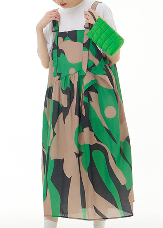 Novelty Green Slash Neck Print Cotton Long Strap Dresses Summer