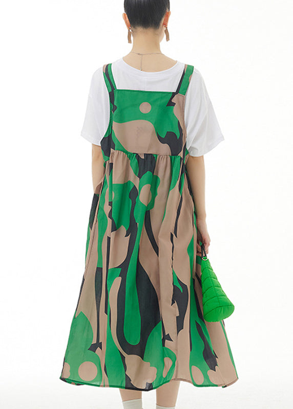 Novelty Green Slash Neck Print Cotton Long Strap Dresses Summer