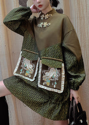 Novelty Green Stand Collar Embroideried Drawstring Patchwork Button Mid Dress Spring