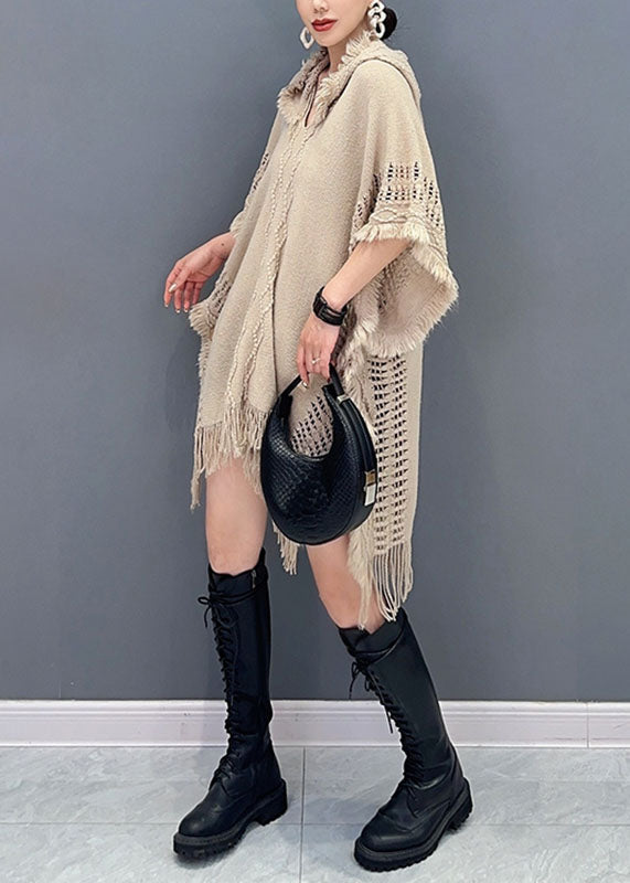 Novelty Khaki Asymmetrical Tassel Hooded Knit Sweaters Fall