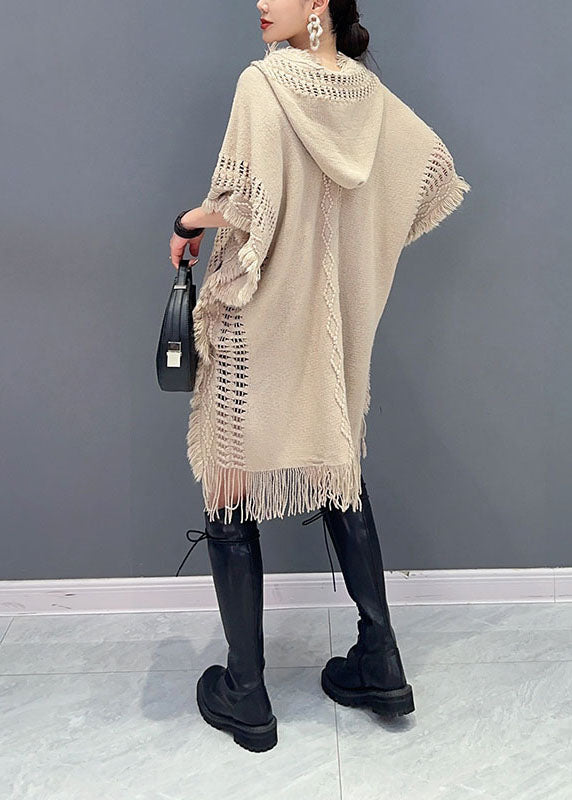 Novelty Khaki Asymmetrical Tassel Hooded Knit Sweaters Fall