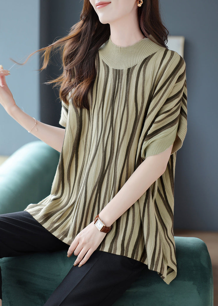 Novelty Khaki O-Neck Striped Patchwork Cozy Knit Sweaters Fall