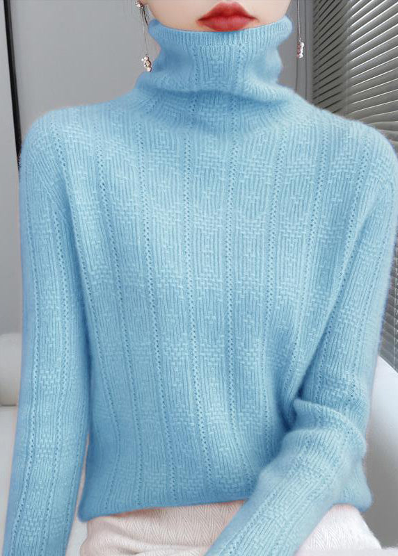 Novelty Lake Blue Turtleneck Hollow Out Wool Knit Sweaters Fall