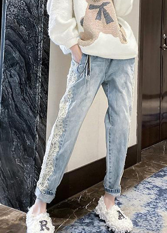 Novelty Light Blue Lace Patchwork Elastic Waist Harem Jeans