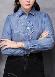 Novelty Light Blue Peter Pan Collar Asymmetrical Patchwork Low High Design Denim Shirt Long Sleeve