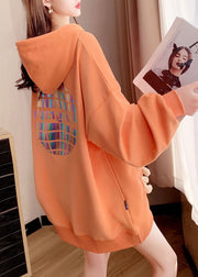 Novelty Orange Drawstring Pockets Patchwork Little Bear Hooded Pullover Long Sleeve