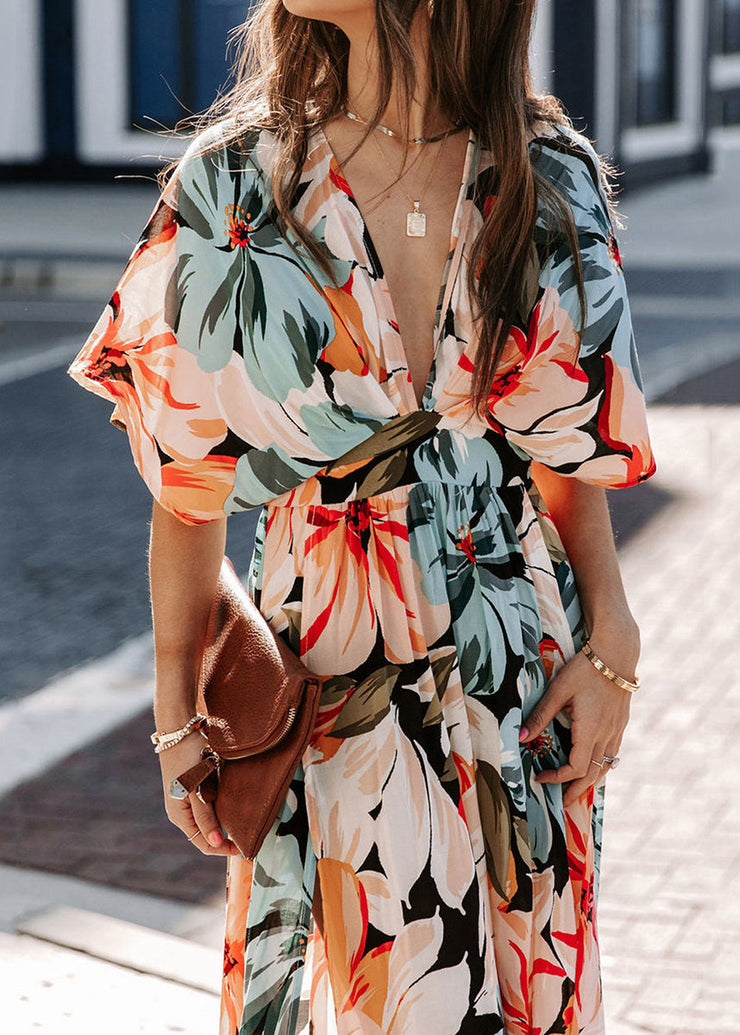 Novelty Orange V Neck Print Side Open Chiffon Dress Half Sleeve