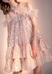 Novelty Pink Slash Neck Sequins Tulle Layered Mid Dress Short Sleeve