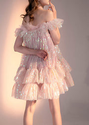 Novelty Pink Slash Neck Sequins Tulle Layered Mid Dress Short Sleeve