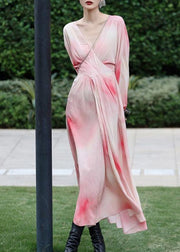 Novelty Pink V Neck Print Chiffon Long Dresses Spring