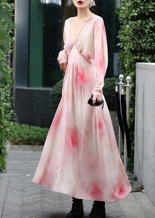 Novelty Pink V Neck Print Chiffon Long Dresses Spring