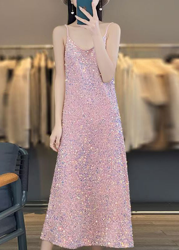 Novelty Pink V Neck Sequins Spaghetti Strap Dress Sleeveless