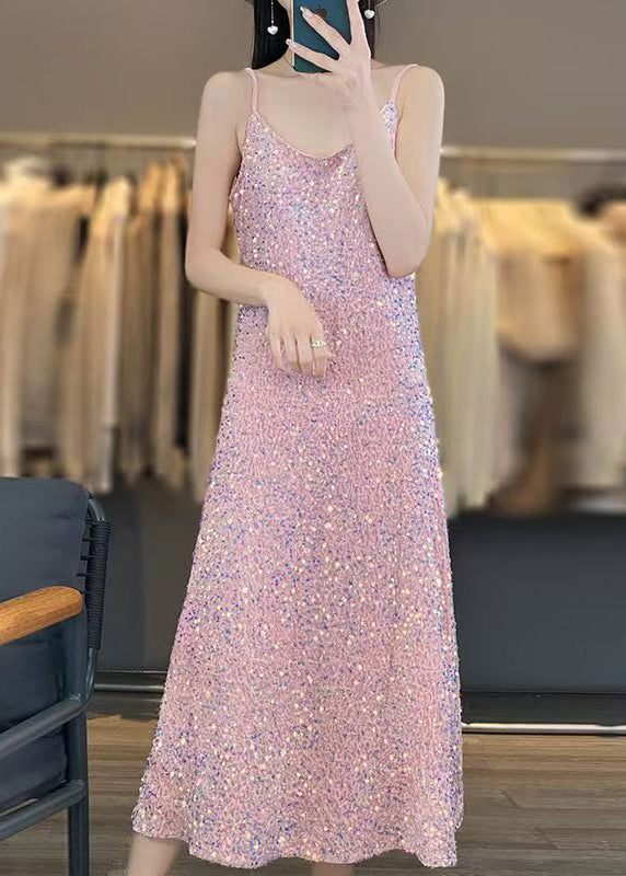 Novelty Pink V Neck Sequins Spaghetti Strap Dress Sleeveless