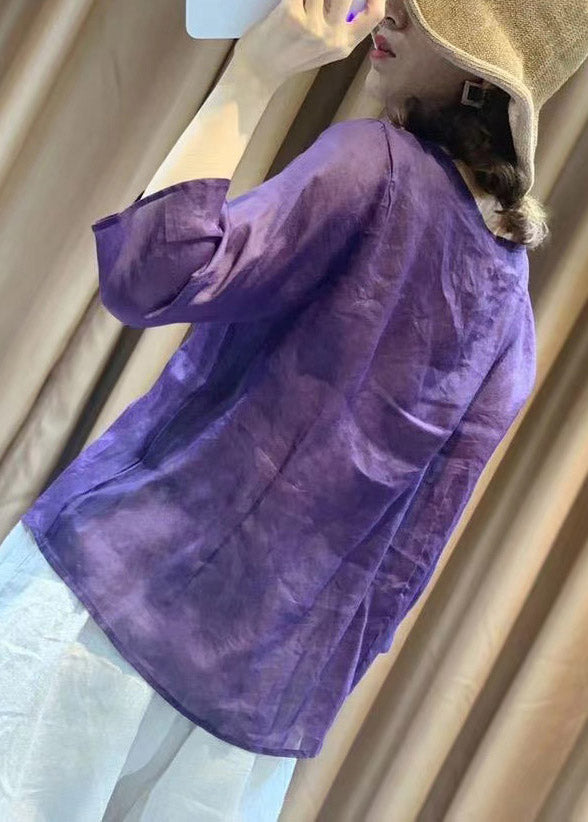 Novelty Purple O-Neck Embroideried Floral Tie Waist Linen Top Long Sleeve