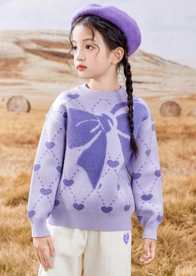 Novelty Purple O-Neck Print Cotton Knit Girls Sweater Winter