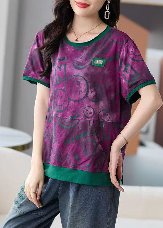 Novelty Purple O Neck Print Pockets Patchwork Cotton T Shirt Tops Summer