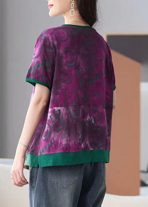 Novelty Purple O Neck Print Pockets Patchwork Cotton T Shirt Tops Summer