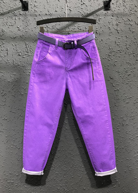 Novelty Purple Pockets Patchwork Sashes Crop Pants Fall