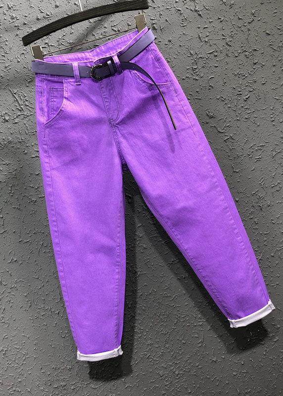 Novelty Purple Pockets Patchwork Sashes Crop Pants Fall