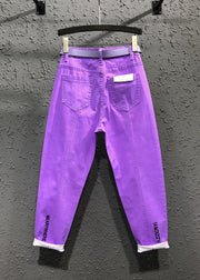 Novelty Purple Pockets Patchwork Sashes Crop Pants Fall