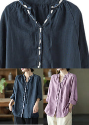 Novelty Purple V Neck Embroideried Neck Tie Linen Shirt Long Sleeve