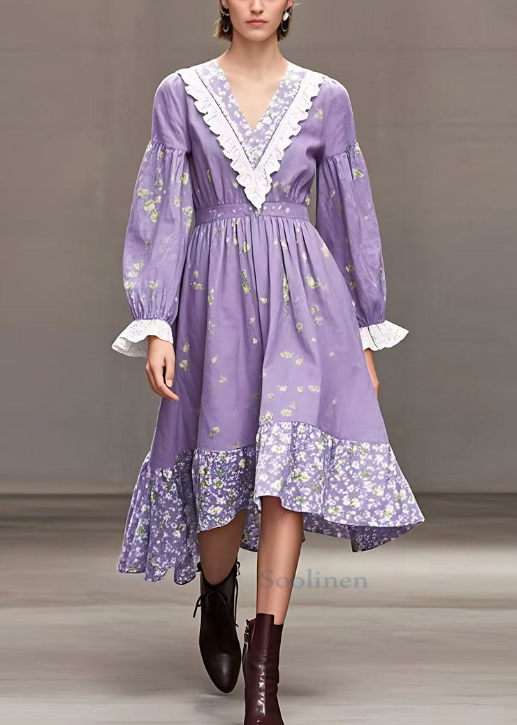 Novelty Purple V Neck Print High Waist Cotton Dresses Fall