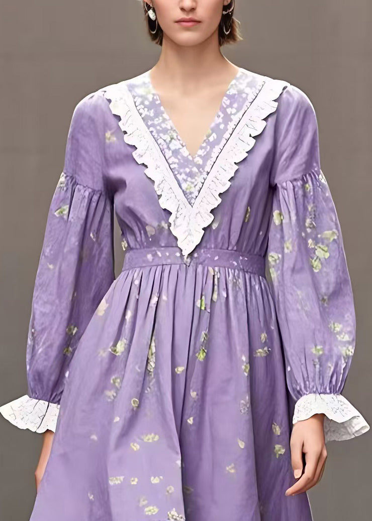 Novelty Purple V Neck Print High Waist Cotton Dresses Fall