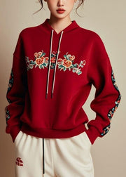 Novelty Red Hooded Print Cotton Sweatshirt Fall