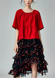 Novelty Red Ruffled Print Chiffon Patchwork Cotton Two Pieces Set Summer