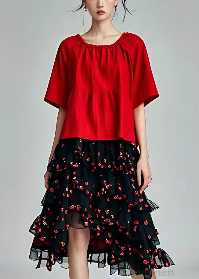 Novelty Red Ruffled Print Chiffon Patchwork Cotton Two Pieces Set Summer