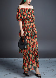 Novelty Red Slash Neck Print Cotton Long Dress Summer