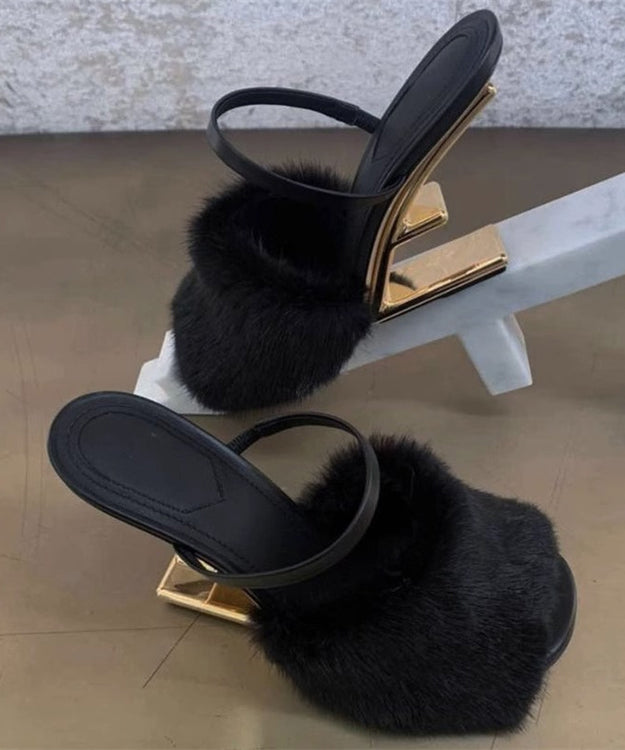 Novelty Sexy Apricot Mink Hair Slide Sandals Alien Heel