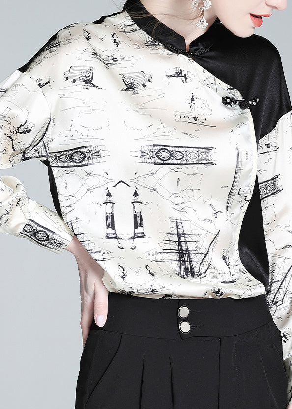 Novelty White Patchwork Black Stand Collar Button Silk Shirts Long Sleeve