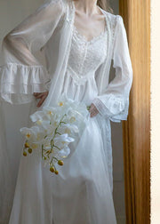 Novelty White V Neck Embroideried Floral Chiffon Cardigans And Slip Dress Two Pieces Set Summer