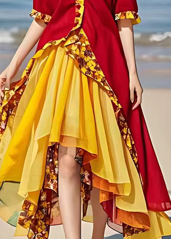 Novelty Yellow Patchwork Chiffon Long Dresses Short Sleeve