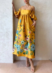 Novelty Yellow Print Pockets Cotton Spaghetti Strap Dress Flare Sleeve