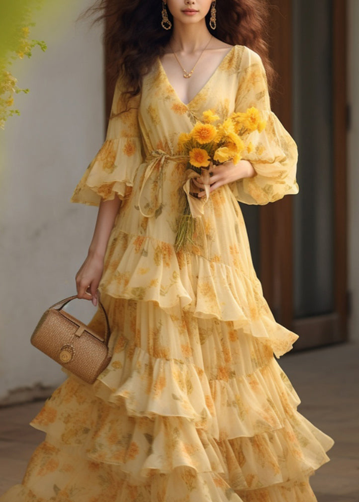 Novelty Yellow Ruffled Print Tie Waist Chiffon Dresses Summer