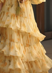 Novelty Yellow Ruffled Print Tie Waist Chiffon Dresses Summer