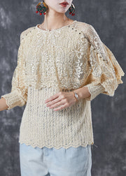 Nude Patchwork Lace Blouses Hollow Out Cloak Sleeves