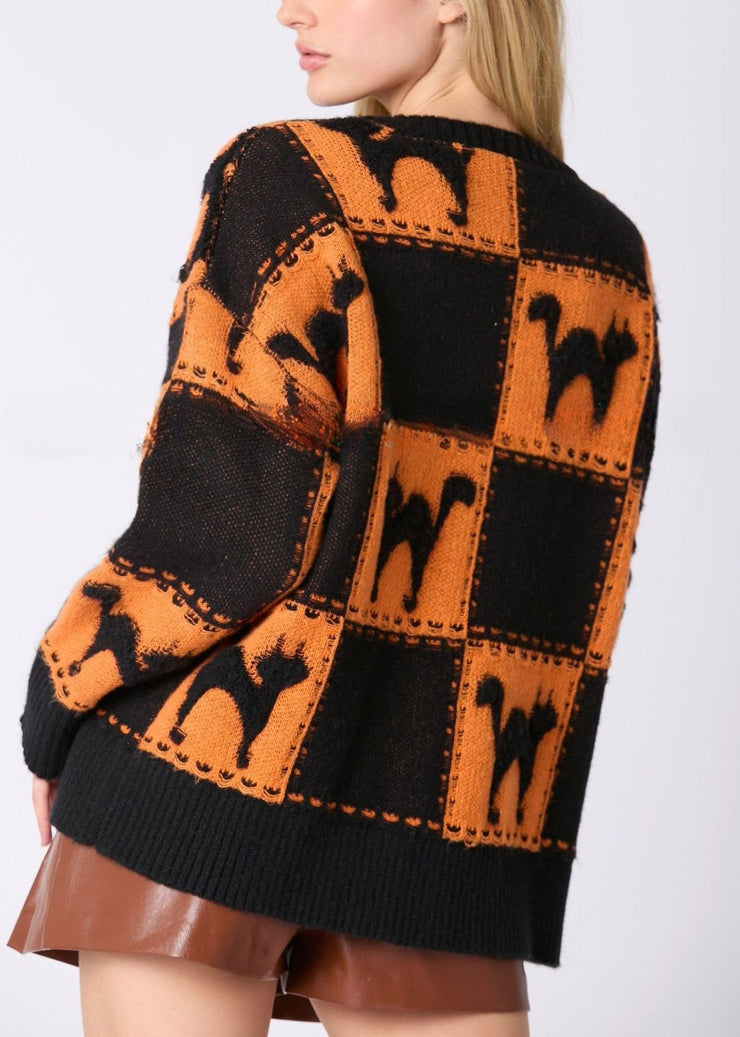 Orange Animal Cozy Knit Sweater O Neck Fall